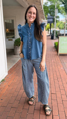 Dark Wash Striped Denim Drawstring Pants - Rebecca James Clothing