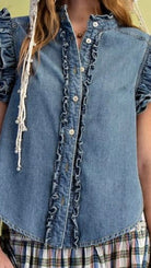 Denim Ruffle Detail Button Down Top - Rebecca James Clothing