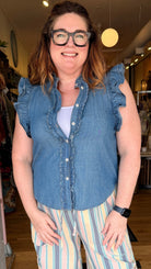 Denim Ruffle Detail Button Down Top - Rebecca James Clothing
