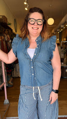 Denim Ruffle Detail Button Down Top - Rebecca James Clothing