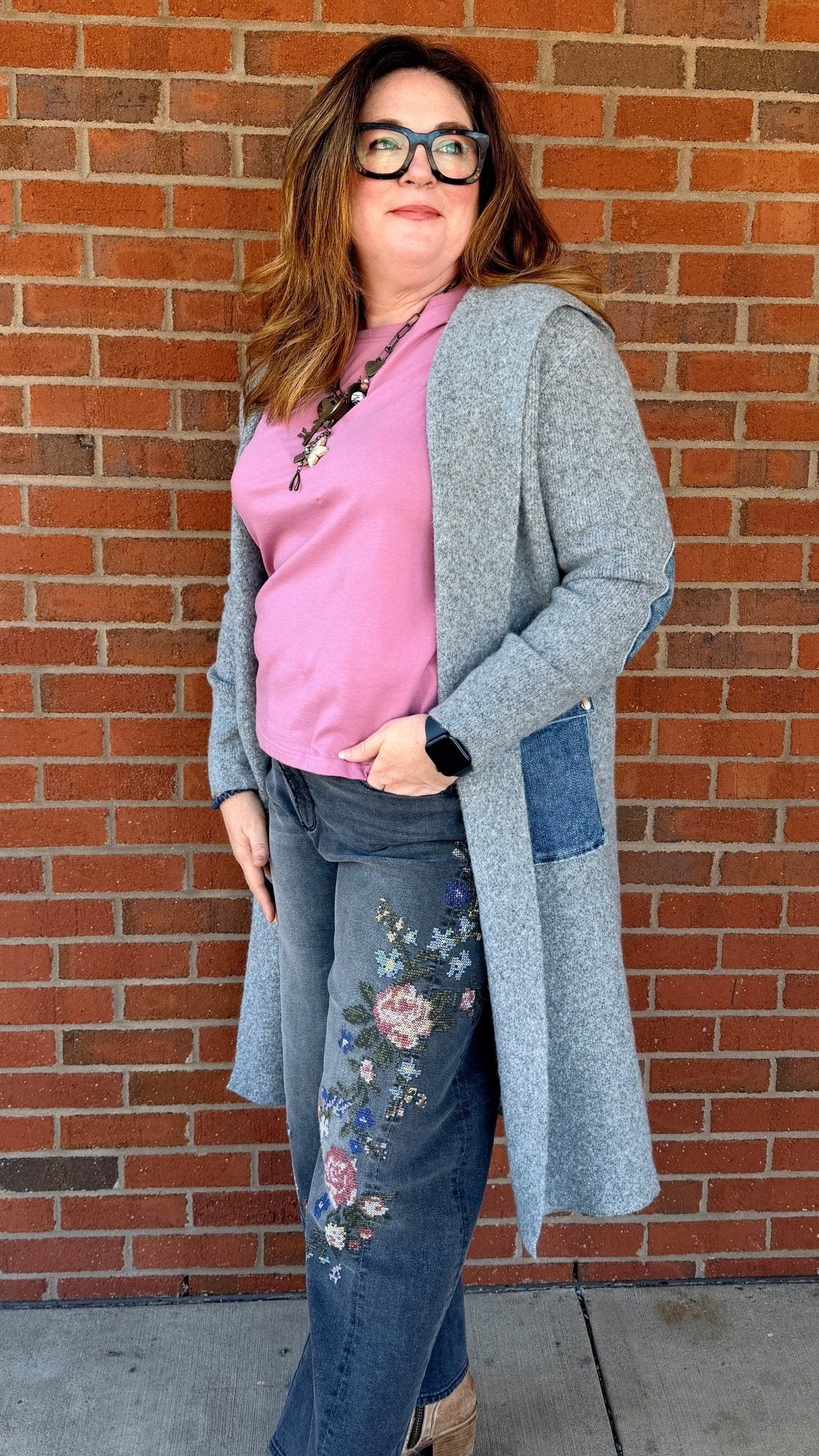 Denim Trimmed Grey Hooded Cardigan - Rebecca James Clothing