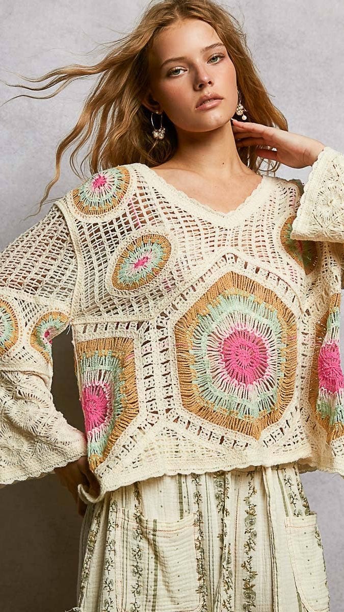 Desert Sun Cream Crochet Open Weave Top - Rebecca James Clothing