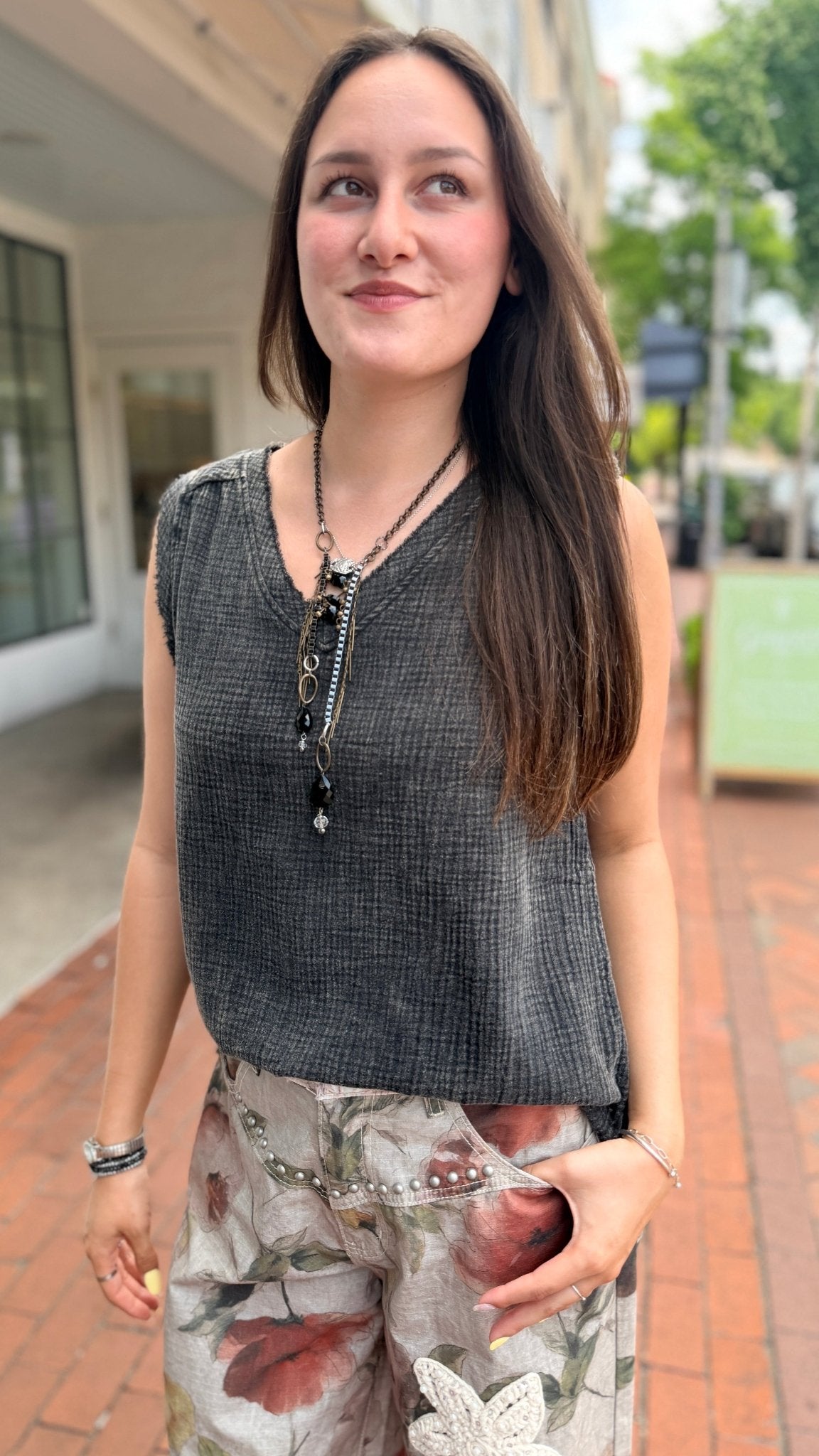 Double Gauze Mineral Wash Raw Edge Tank Top - Rebecca James Clothing