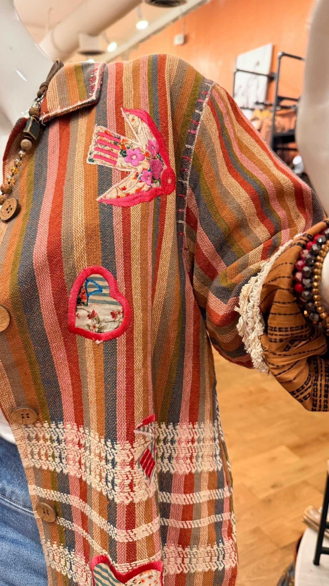 Embroidered Love Bird Striped Cotton Jacket - Rebecca James Clothing