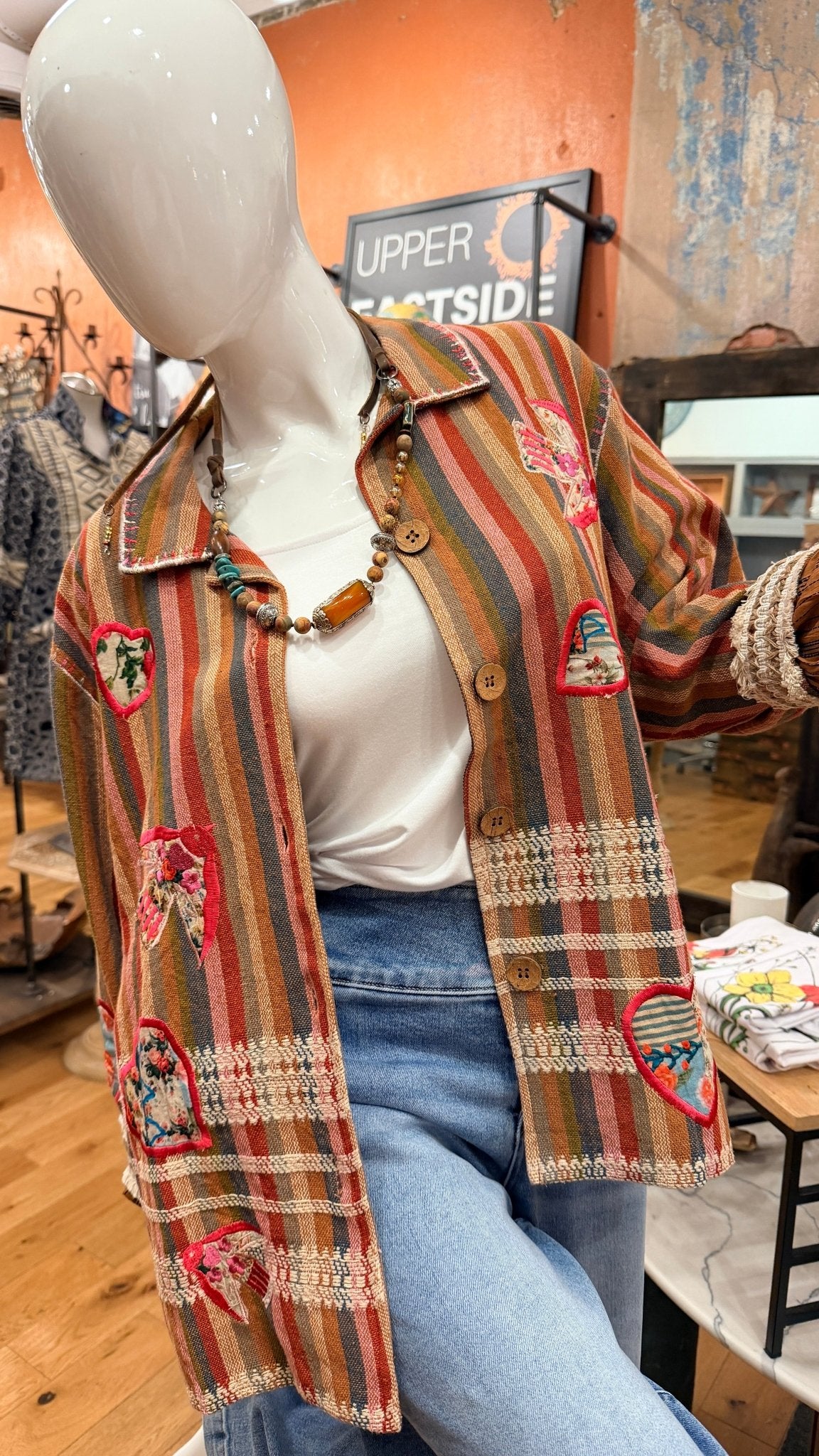 Embroidered Love Bird Striped Cotton Jacket - Rebecca James Clothing