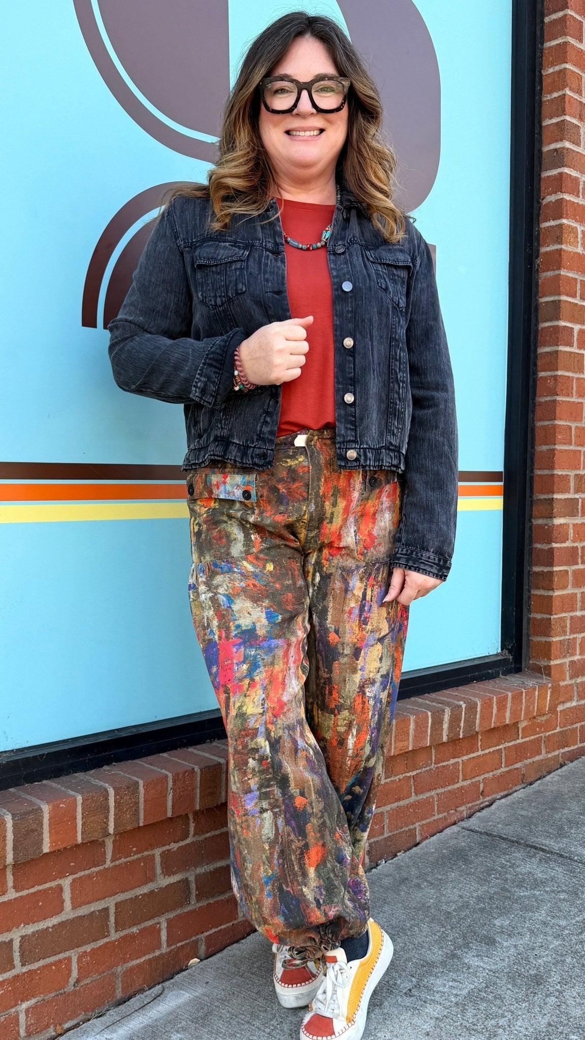 Fall Abstract Paint Wide Leg Cargo Pants – Artistic High-Waist Printed Denim - Rebecca James Clothing