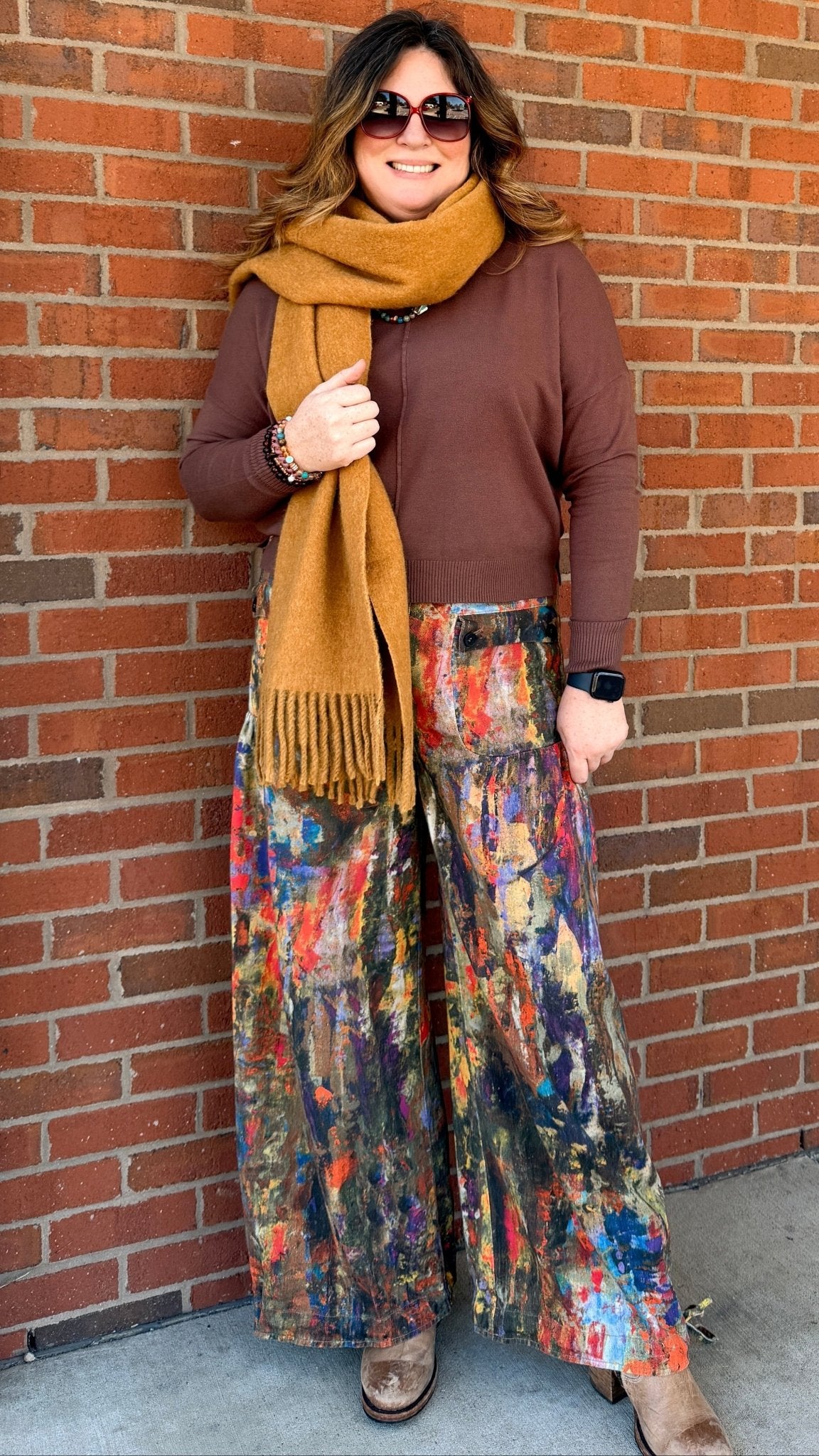 Fall Abstract Paint Wide Leg Cargo Pants – Artistic High-Waist Printed Denim - Rebecca James Clothing