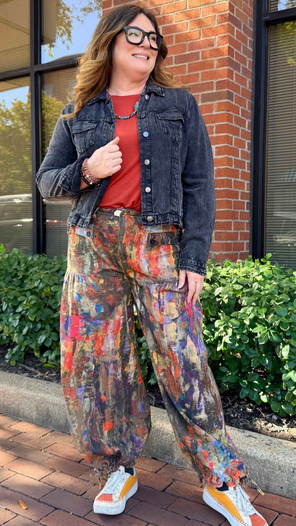Fall Abstract Paint Wide Leg Cargo Pants – Artistic High-Waist Printed Denim - Rebecca James Clothing