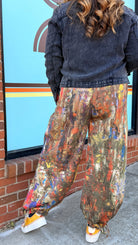 Fall Abstract Paint Wide Leg Cargo Pants – Artistic High-Waist Printed Denim - Rebecca James Clothing