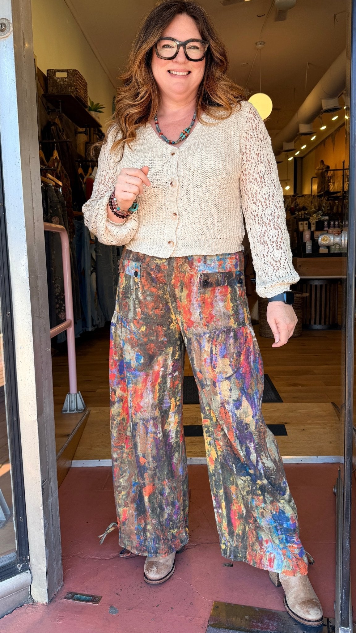Fall Abstract Paint Wide Leg Cargo Pants – Artistic High-Waist Printed Denim - Rebecca James Clothing
