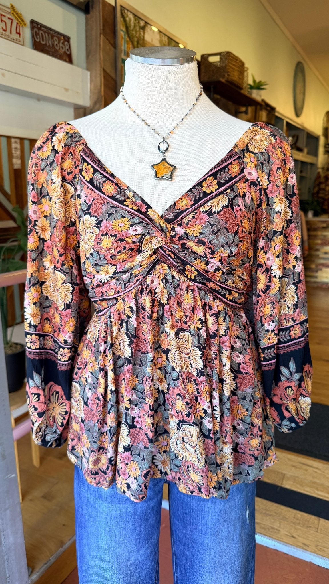 Fall Floral V Neck Boho Chic Top - Rebecca James Clothing