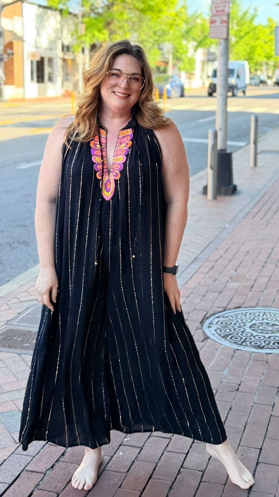 Festival Nights Black V Neck Beaded Jumpsuit - Rebecca James Clothing