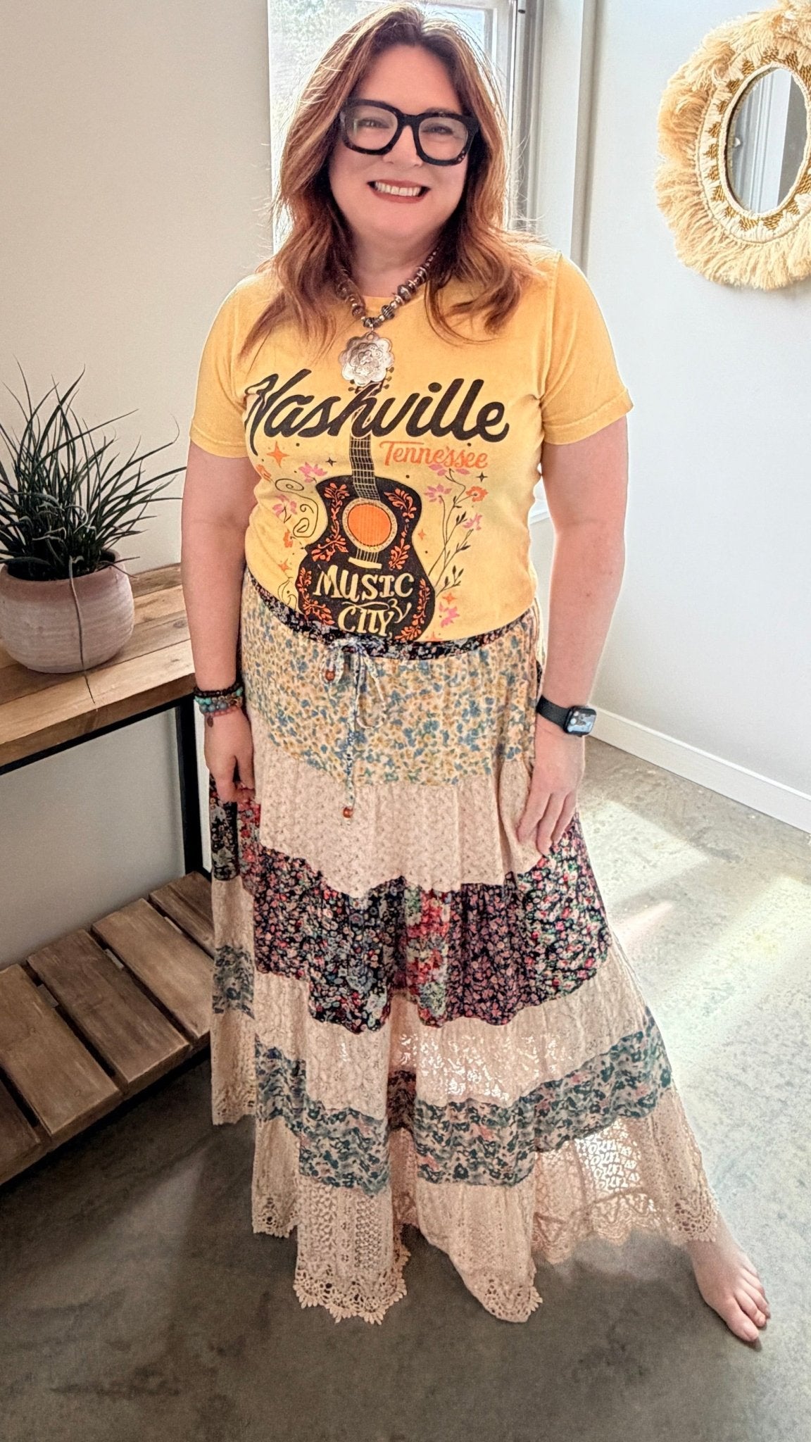 Floral and Lace Flowy Tiered Maxi Skirt - Rebecca James Clothing