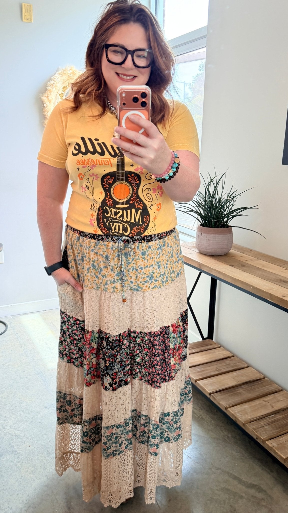 Floral and Lace Flowy Tiered Maxi Skirt - Rebecca James Clothing