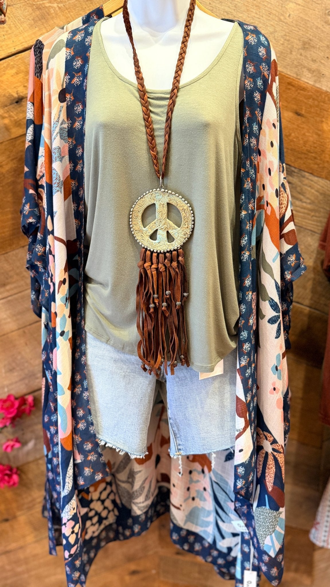 Floral Botanical Navy Trim Boho Kimono Wrap - Rebecca James Clothing
