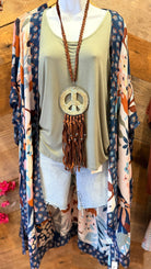 Floral Botanical Navy Trim Boho Kimono Wrap - Rebecca James Clothing