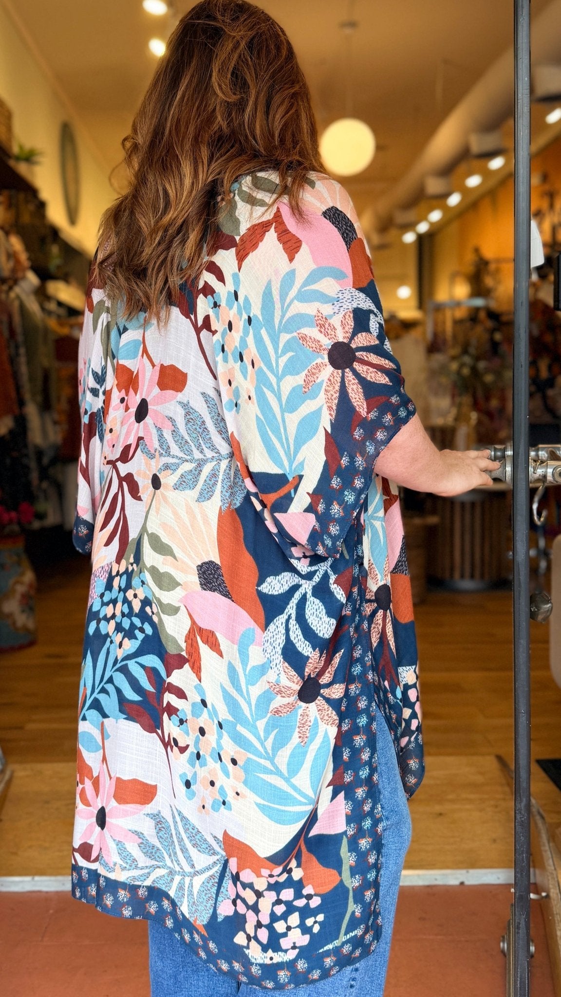 Floral Botanical Navy Trim Boho Kimono Wrap - Rebecca James Clothing