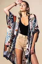 Floral Botanical Navy Trim Boho Kimono Wrap - Rebecca James Clothing