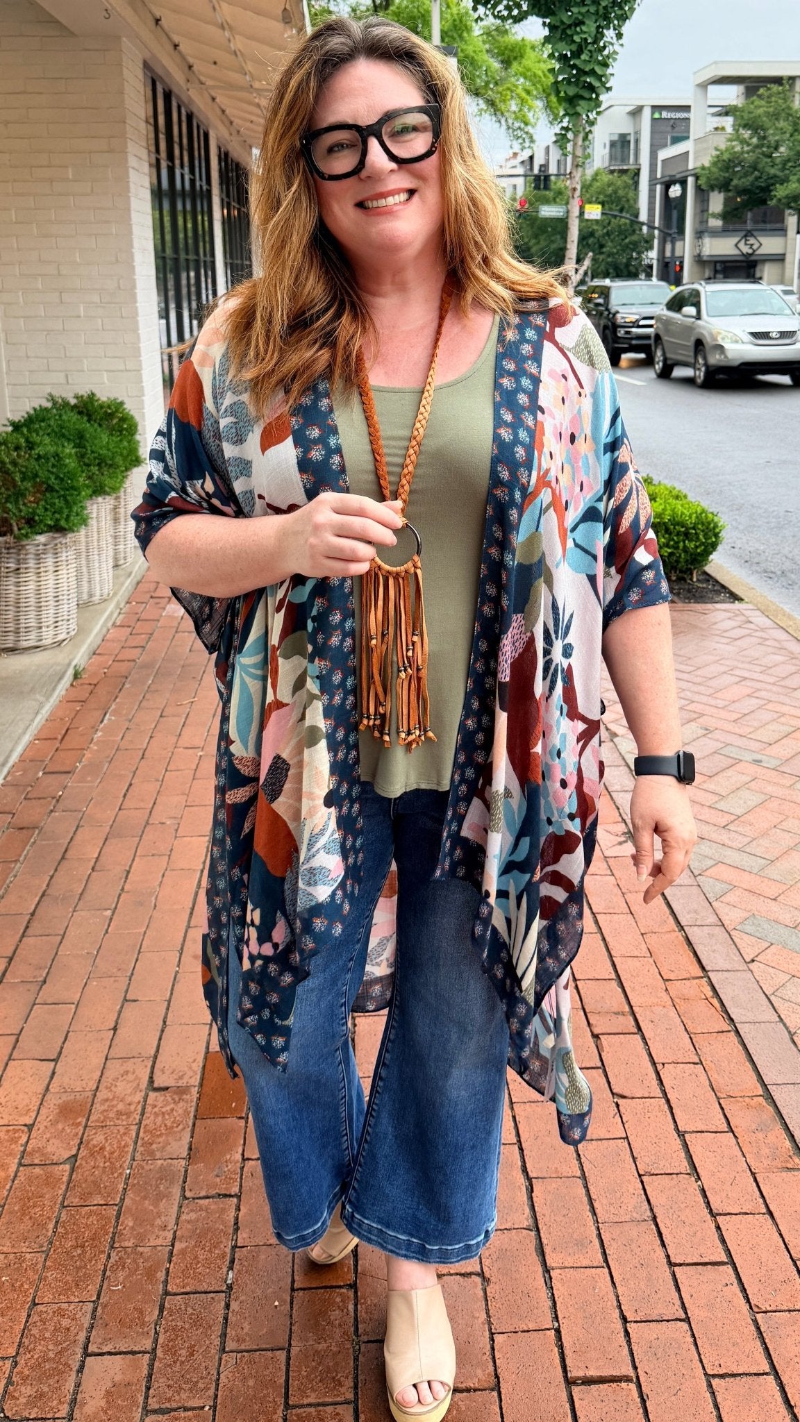 Floral Botanical Navy Trim Boho Kimono Wrap - Rebecca James Clothing