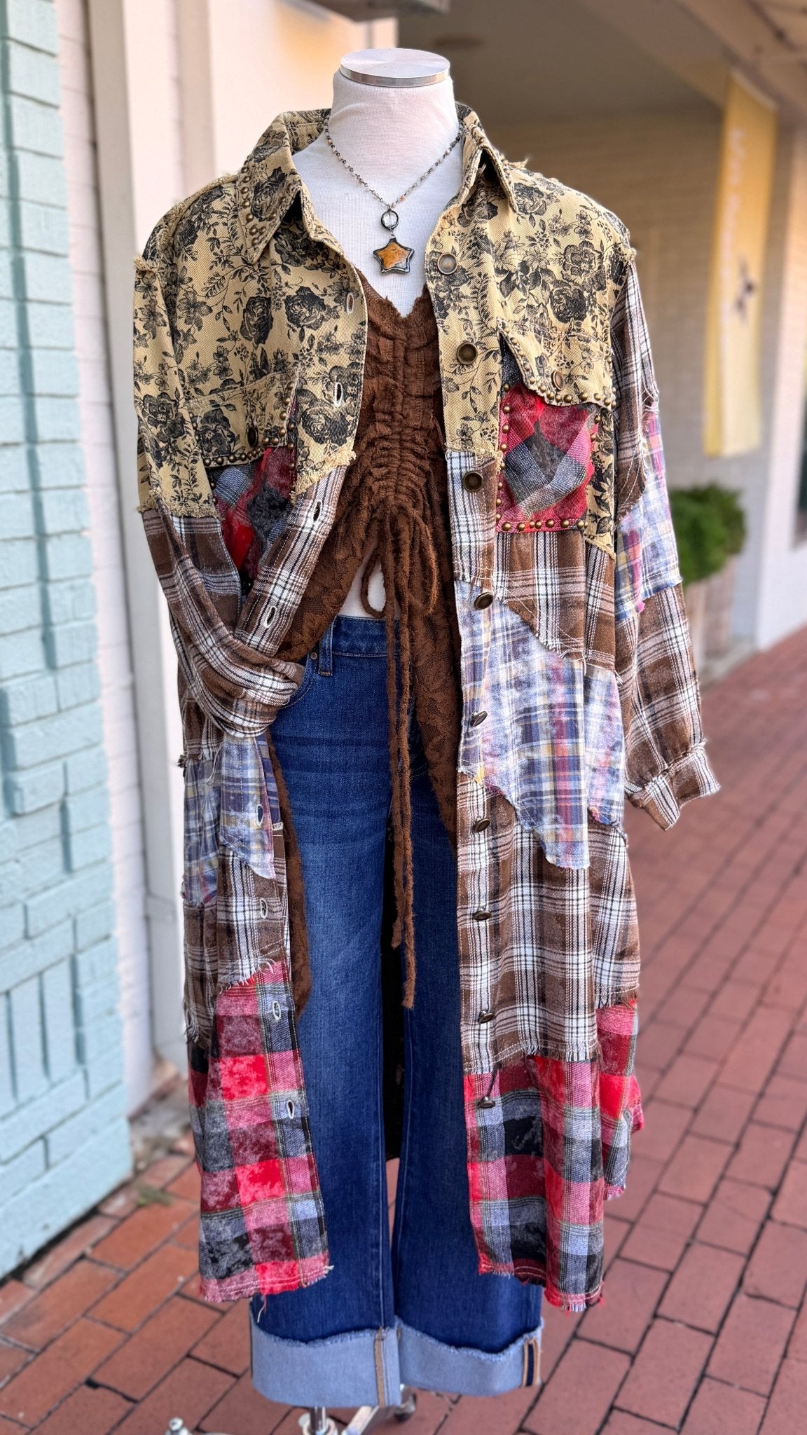 Floral Mixed Plaid Duster with Stud Pocket Detailing - Rebecca James Clothing