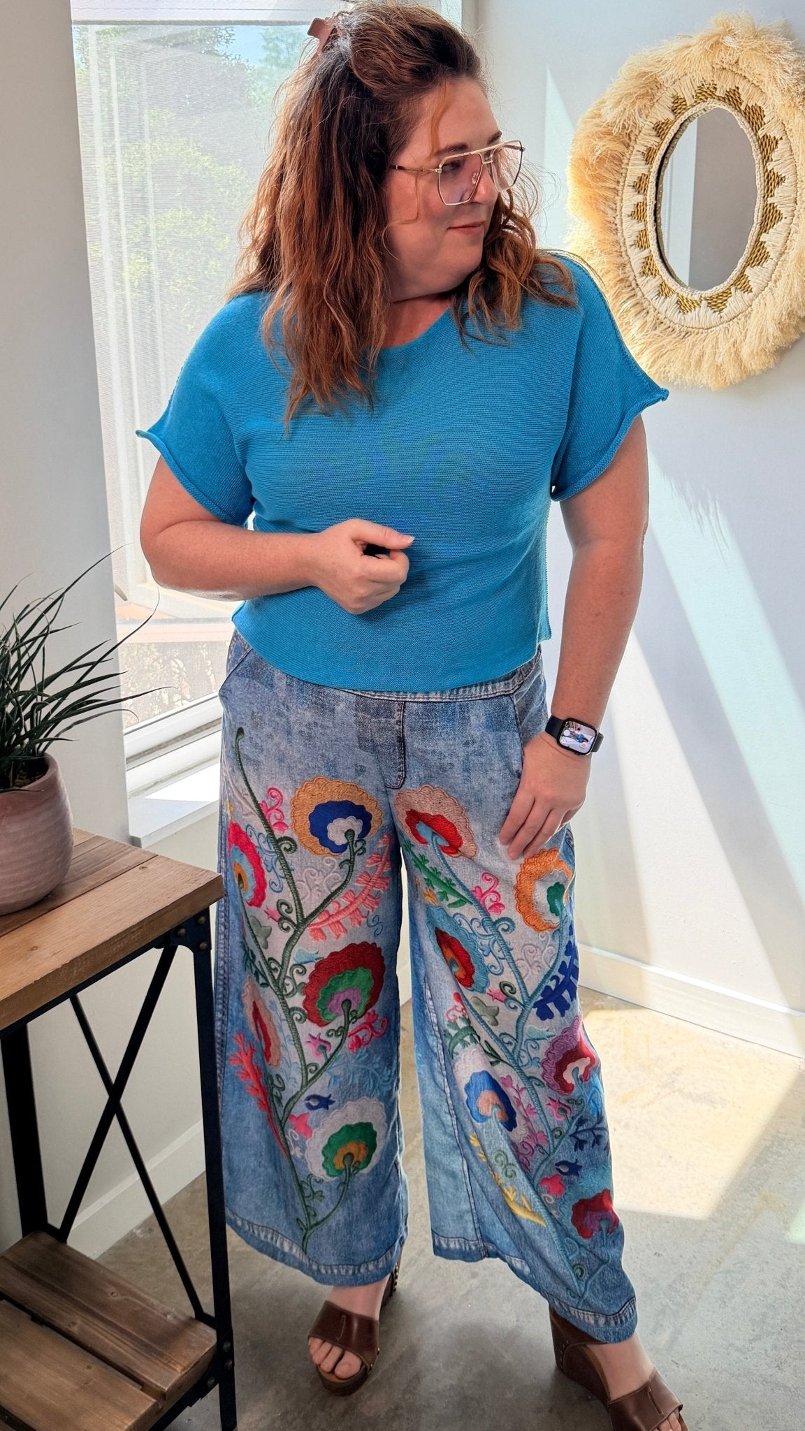 Flower Vine Artistic Printed Wide - Leg Pants - Rebecca James Clothing