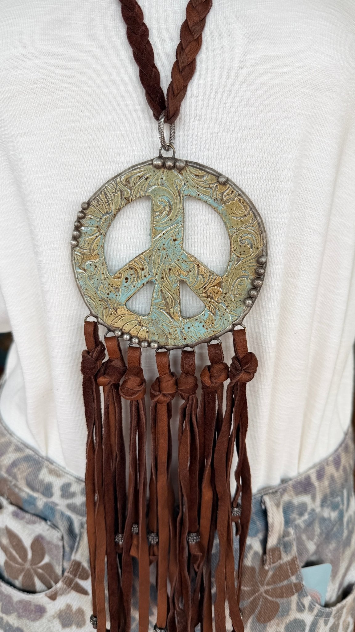 Funky Pottery Peace Sign Leather Boho Necklace - Rebecca James Clothing