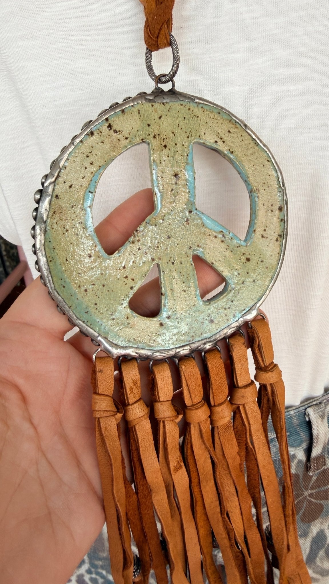 Funky Pottery Peace Sign Leather Boho Necklace - Rebecca James Clothing