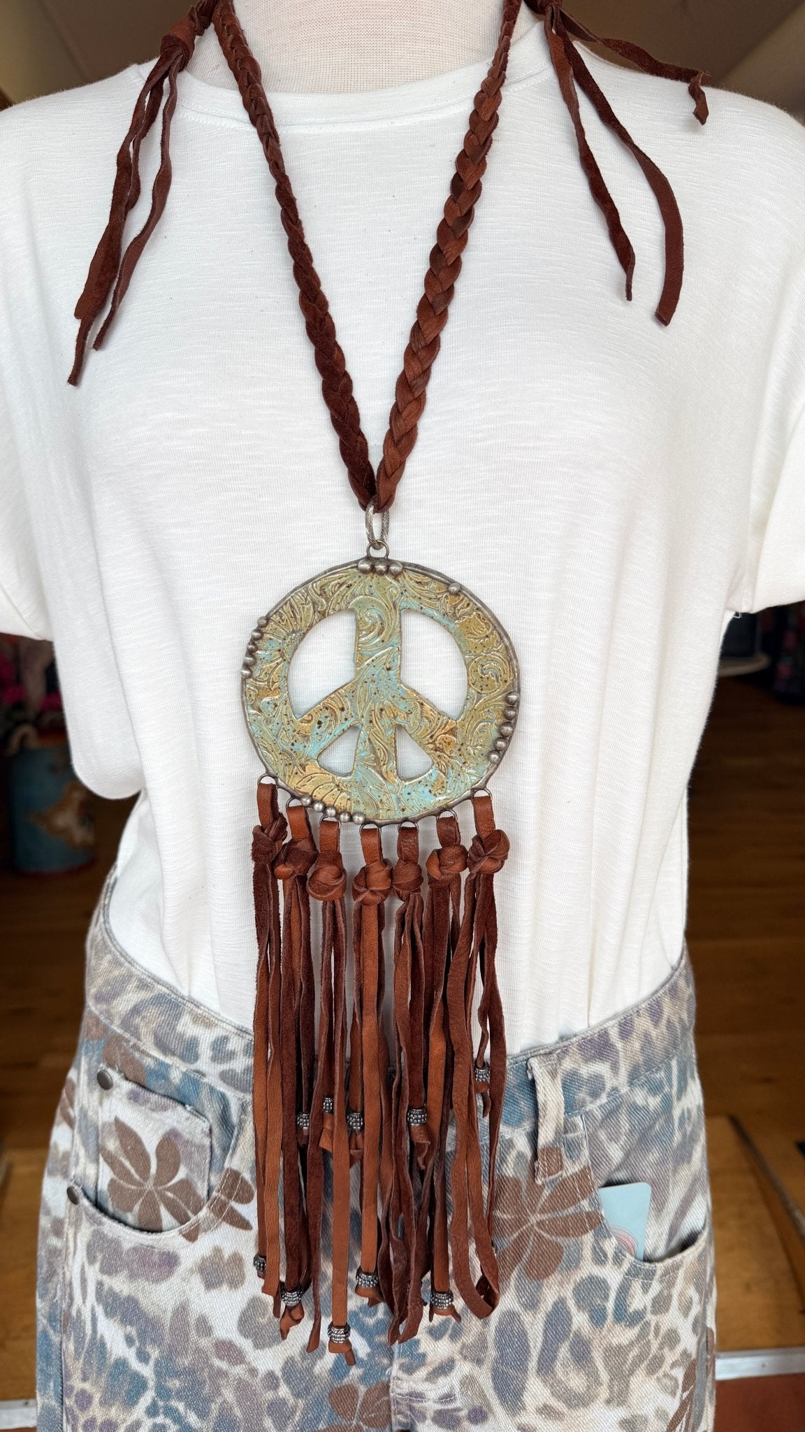 Funky Pottery Peace Sign Leather Boho Necklace - Rebecca James Clothing