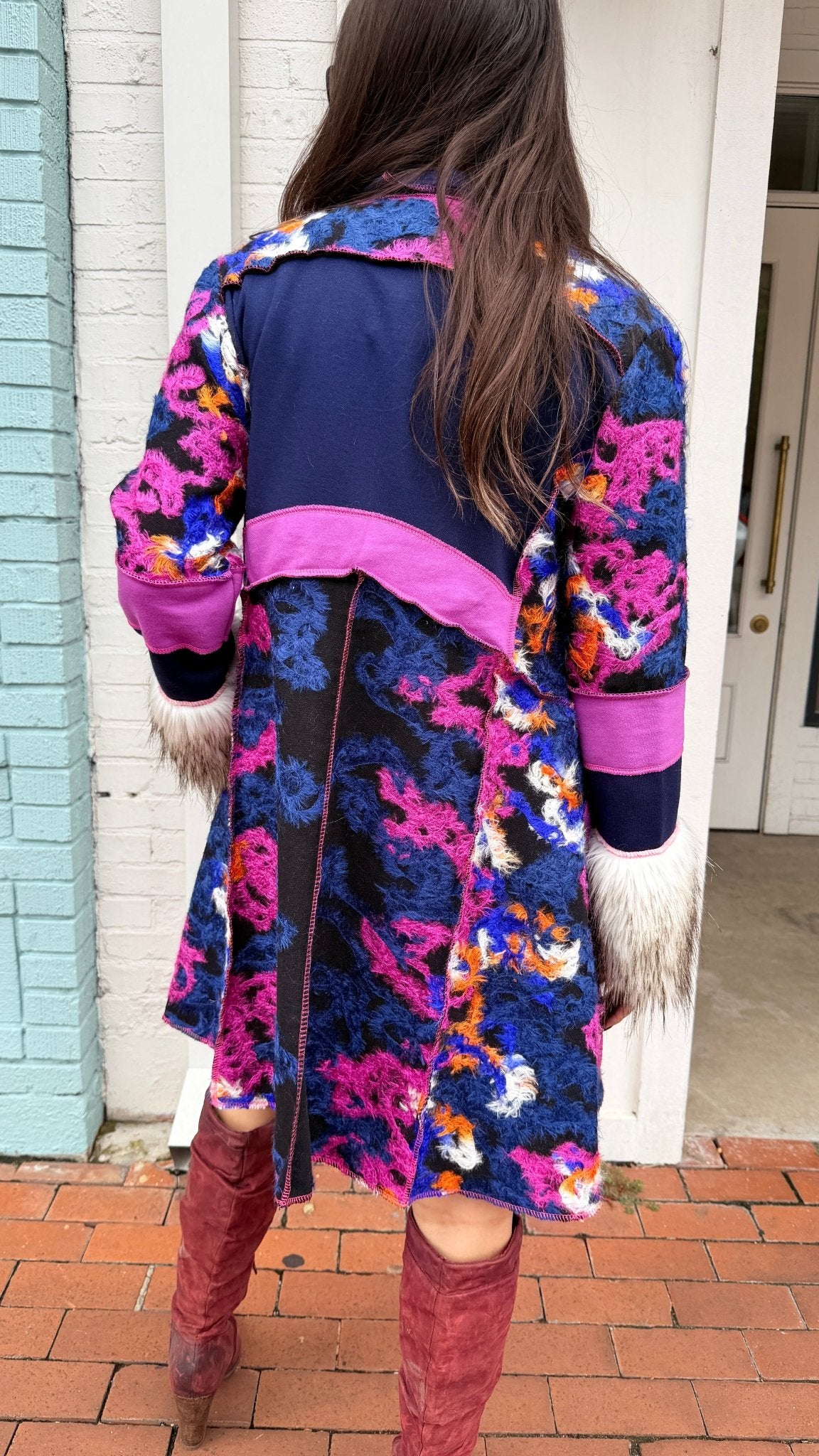 Fur Cuff Rainbow Storyteller Coat by Hand Jive - Rebecca James Clothing