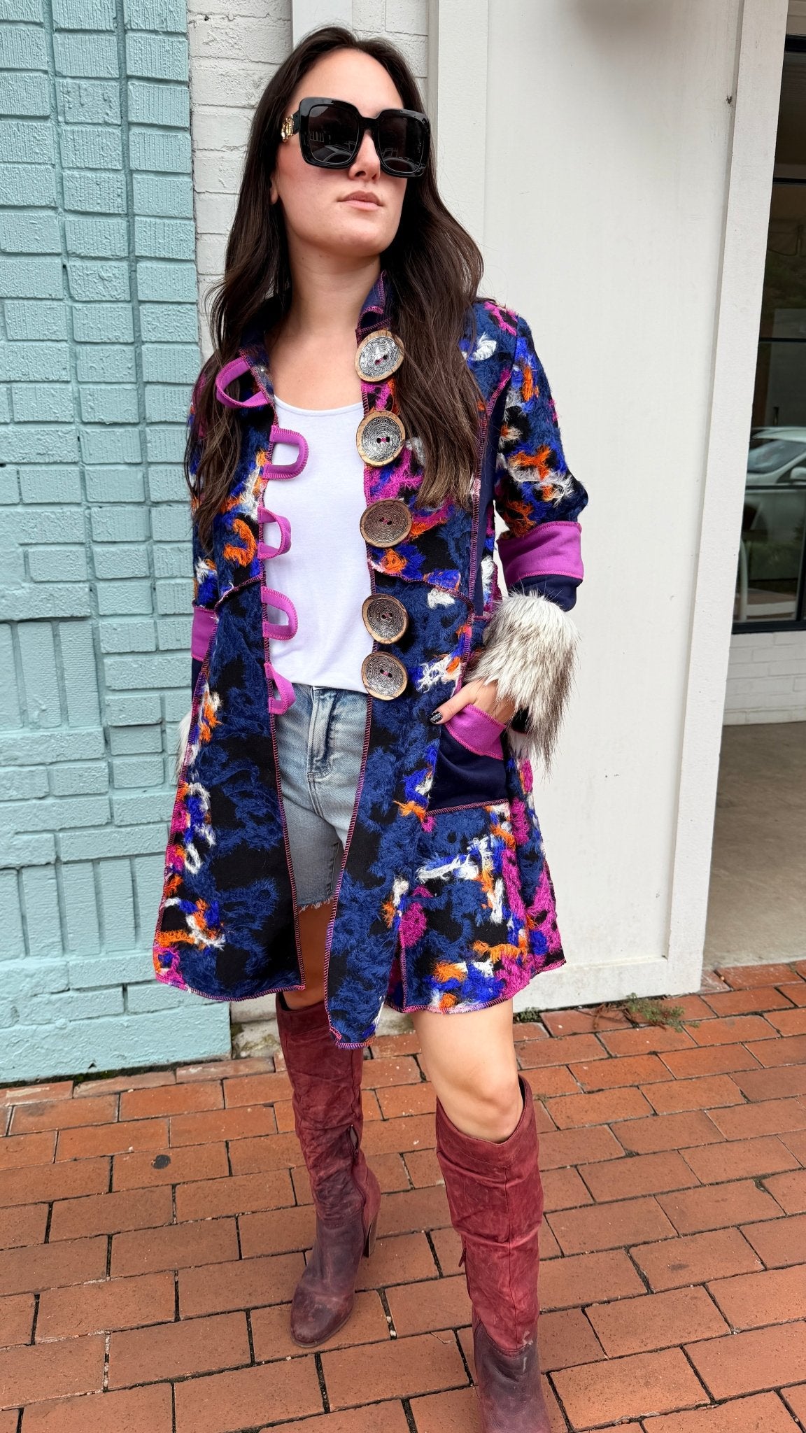 Fur Cuff Rainbow Storyteller Coat by Hand Jive - Rebecca James Clothing
