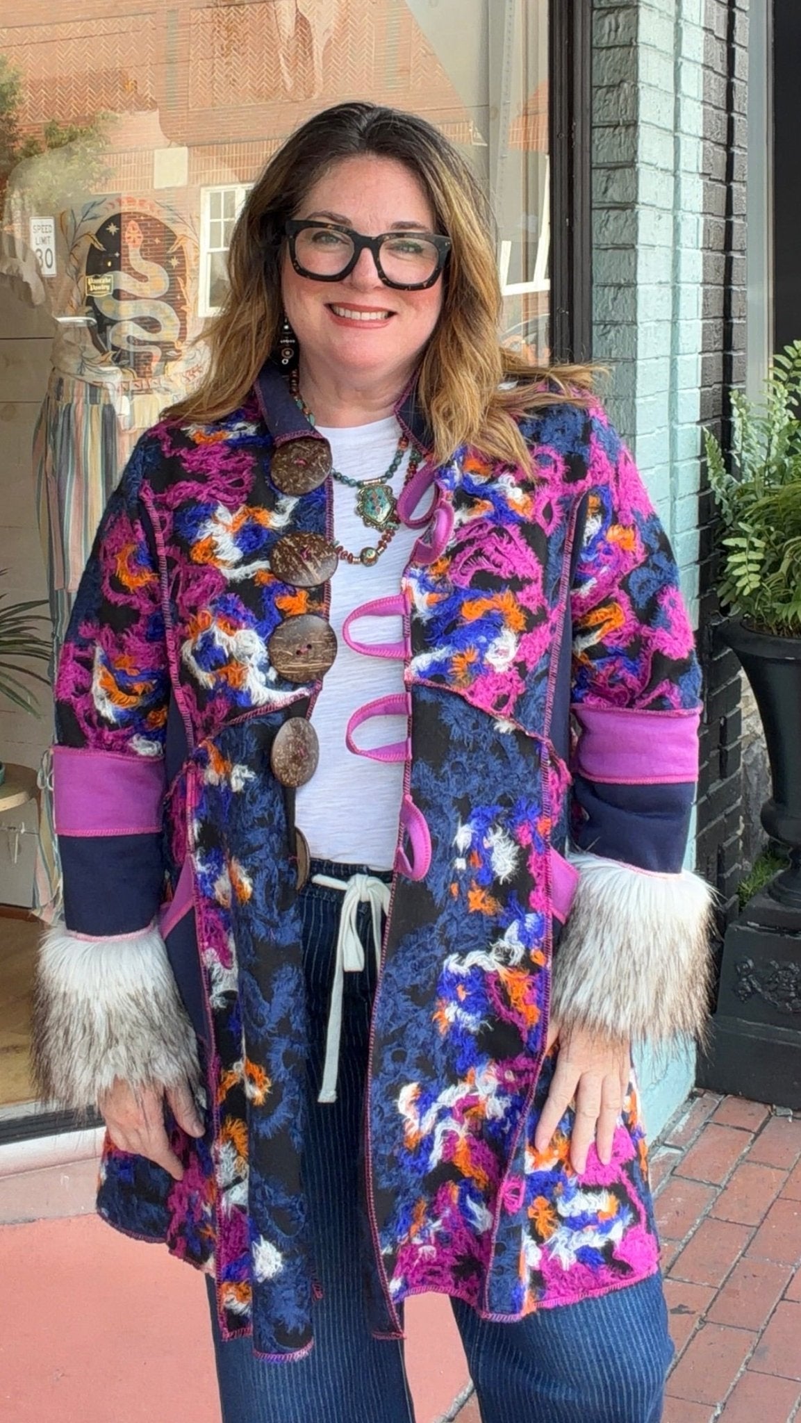 Fur Cuff Rainbow Storyteller Coat by Hand Jive - Rebecca James Clothing