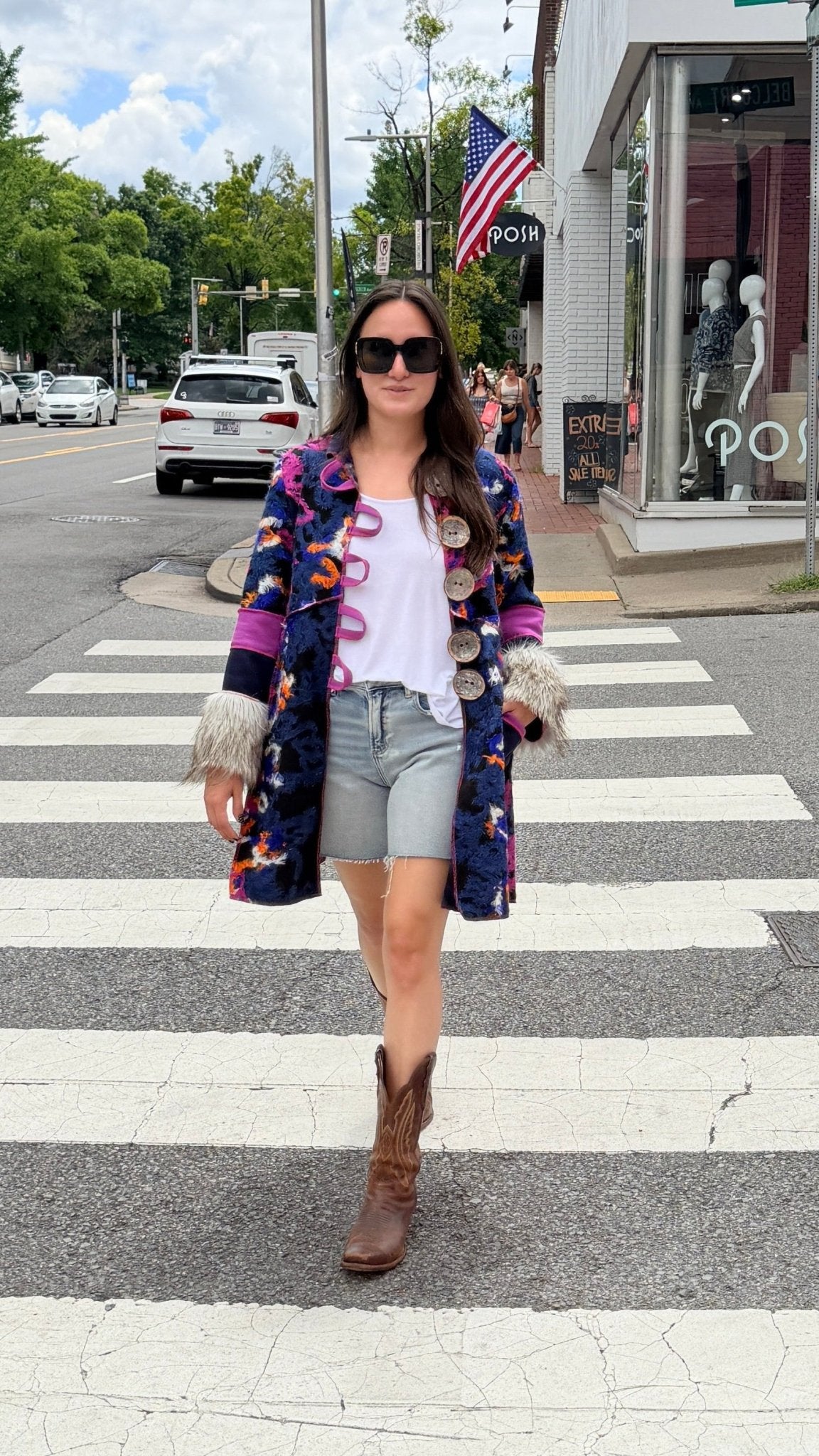 Fur Cuff Rainbow Storyteller Coat by Hand Jive - Rebecca James Clothing