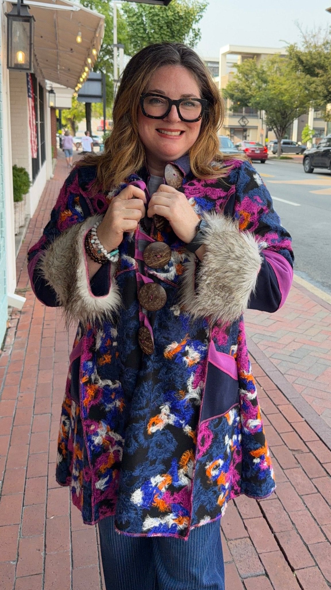 Fur Cuff Rainbow Storyteller Coat by Hand Jive - Rebecca James Clothing