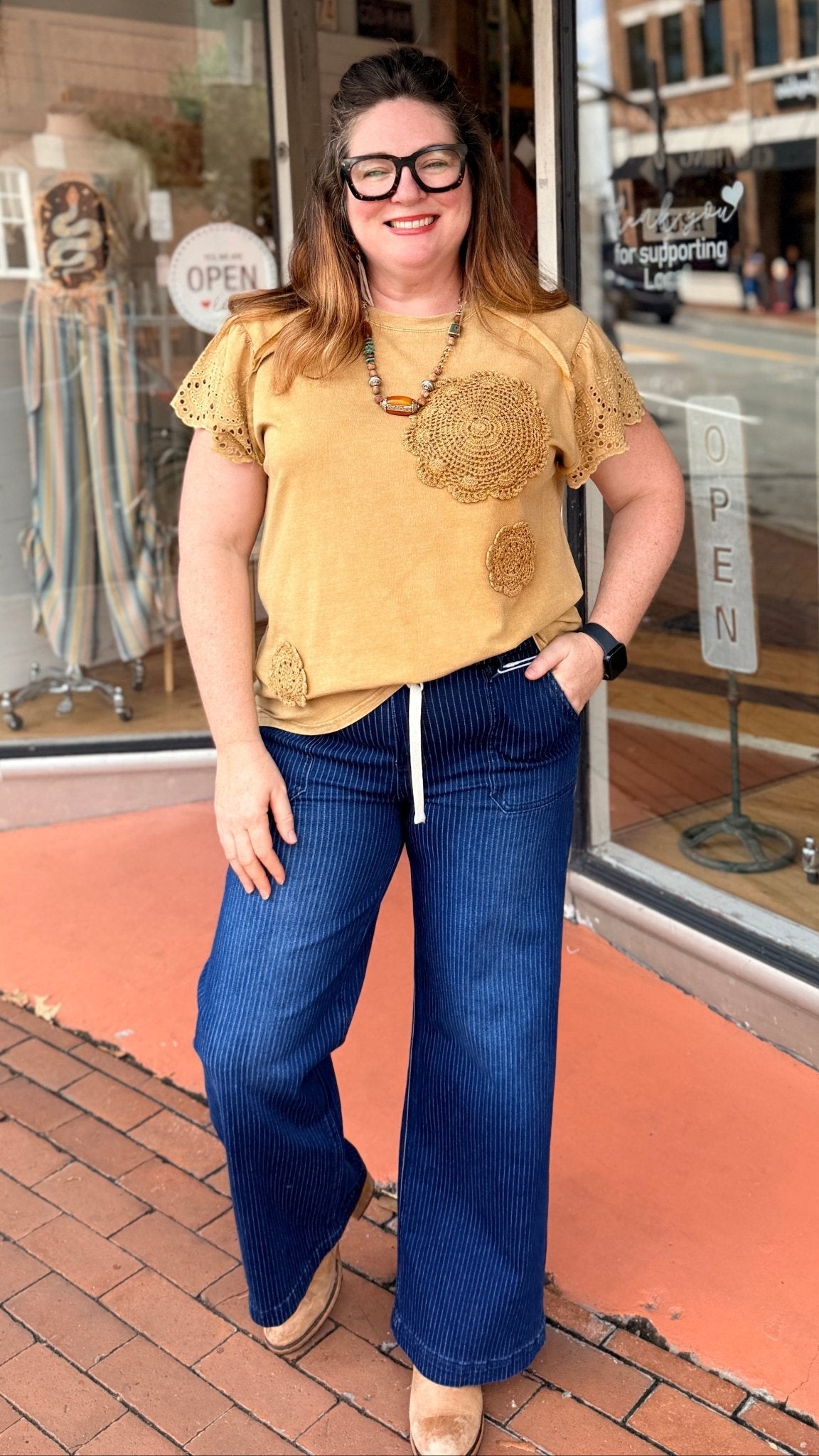 Golden Brown Crochet Patchwork Cotton Top - Rebecca James Clothing