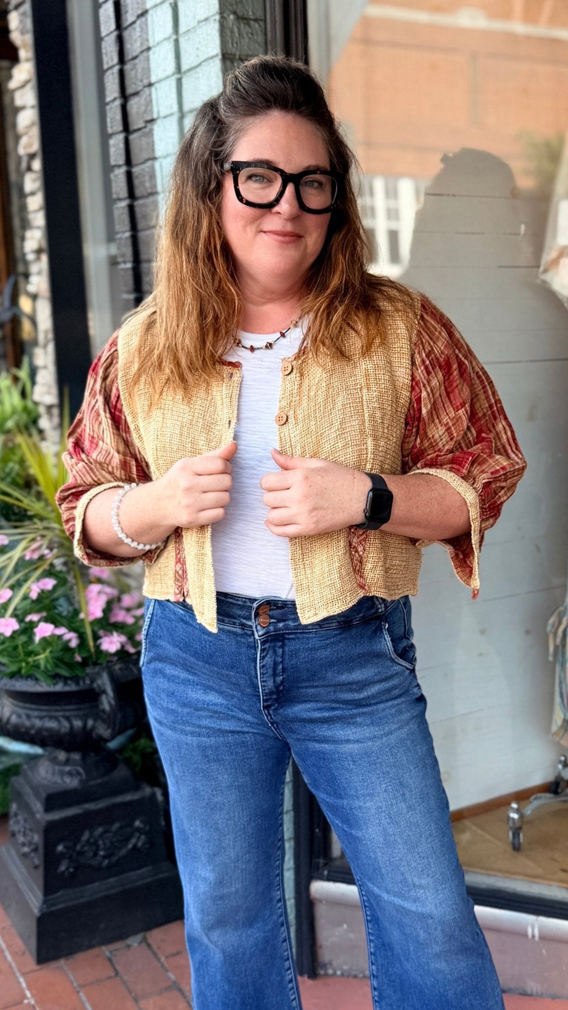 Golden Hour Cotton Jacket With Plaid Accents - Rebecca James Clothing