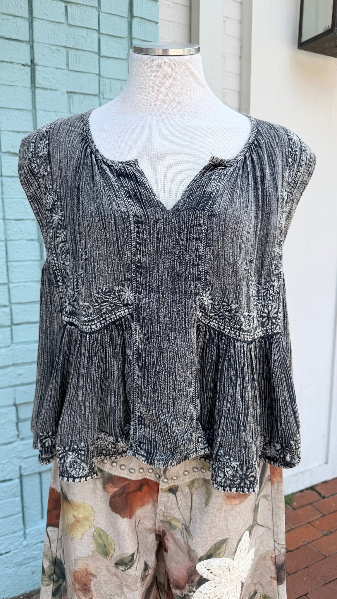 Grey Embroidered V Neck Tank Top - Rebecca James Clothing