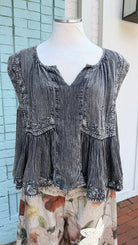 Grey Embroidered V Neck Tank Top - Rebecca James Clothing