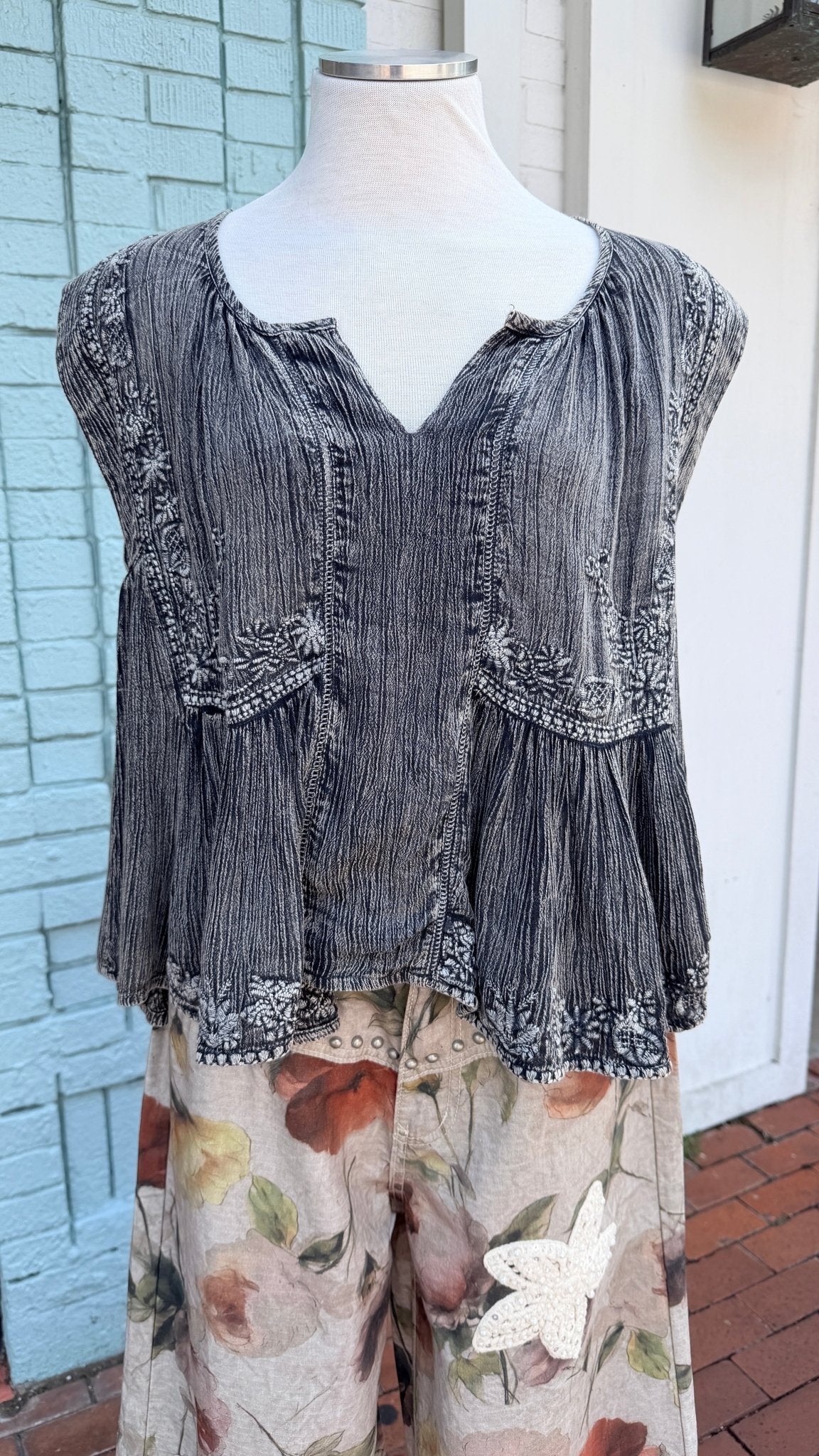 Grey Embroidered V Neck Tank Top - Rebecca James Clothing