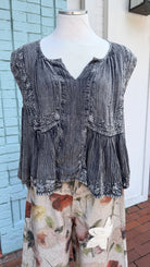 Grey Embroidered V Neck Tank Top - Rebecca James Clothing