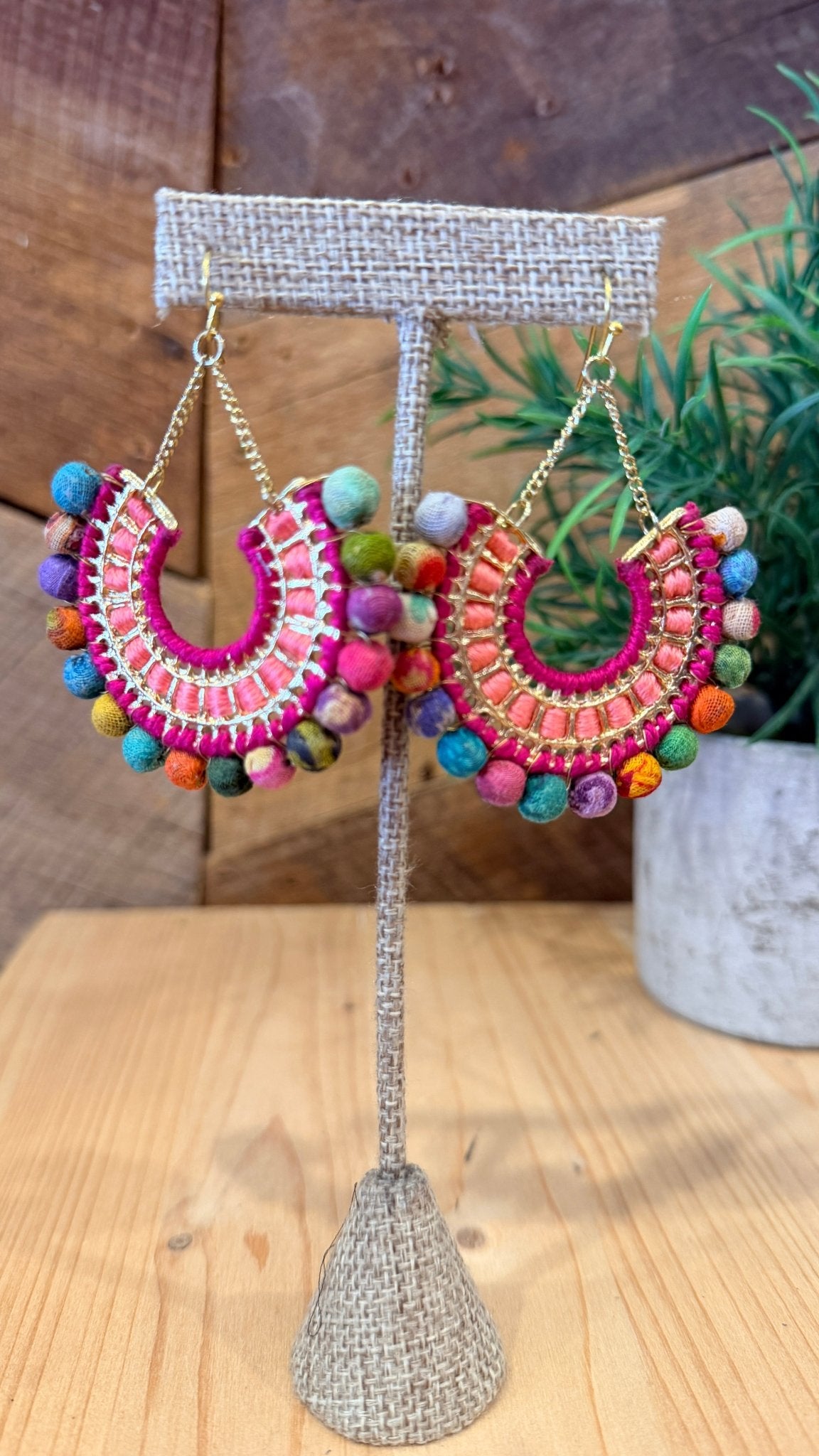 Handmade Magenta & Gold Cotton Bead Earrings - Rebecca James Clothing
