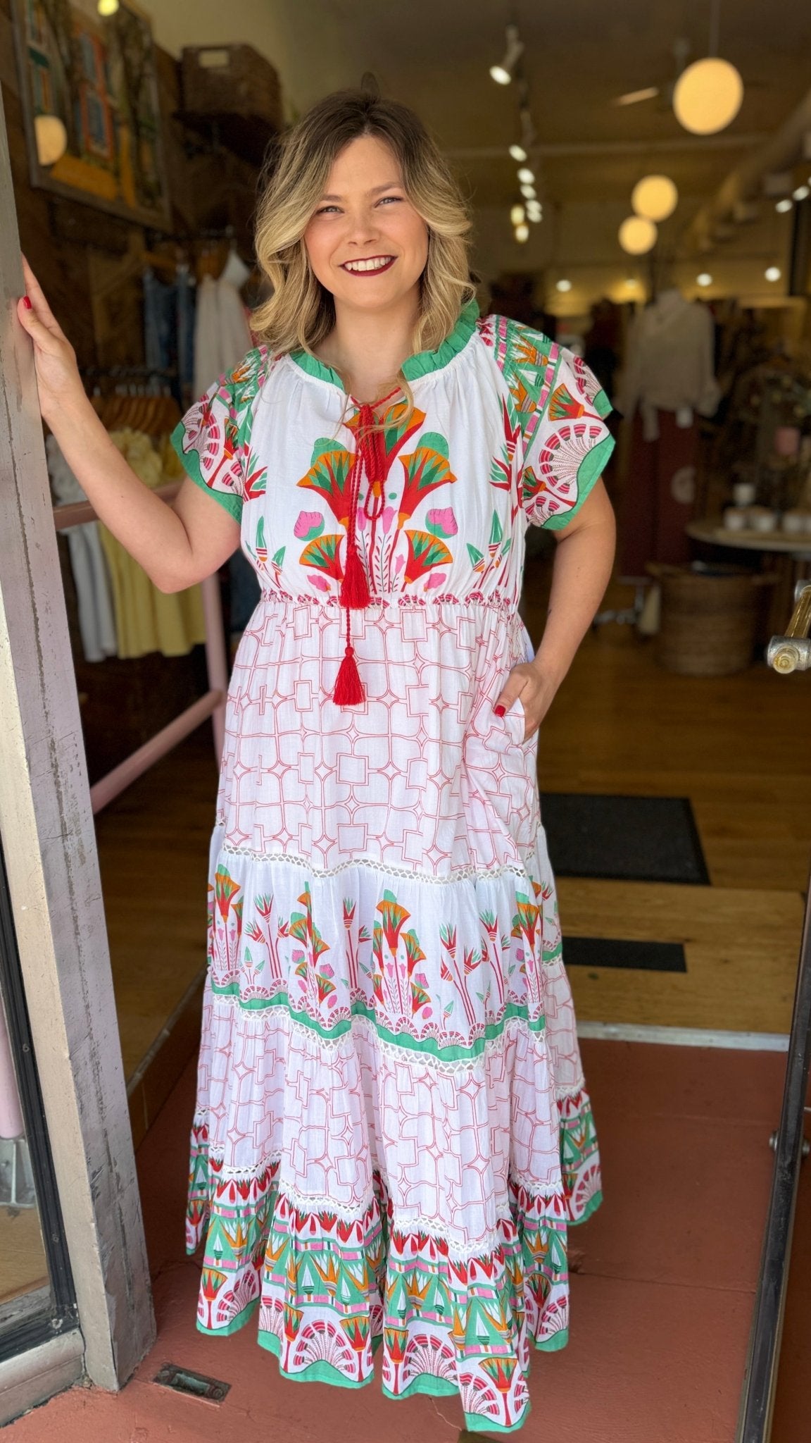 Isla Tropical Cotton Block Print Maxi Dress with Flutter Sleeves - Rebecca James Clothing