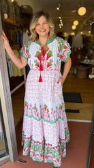 Isla Tropical Cotton Block Print Maxi Dress with Flutter Sleeves - Rebecca James Clothing