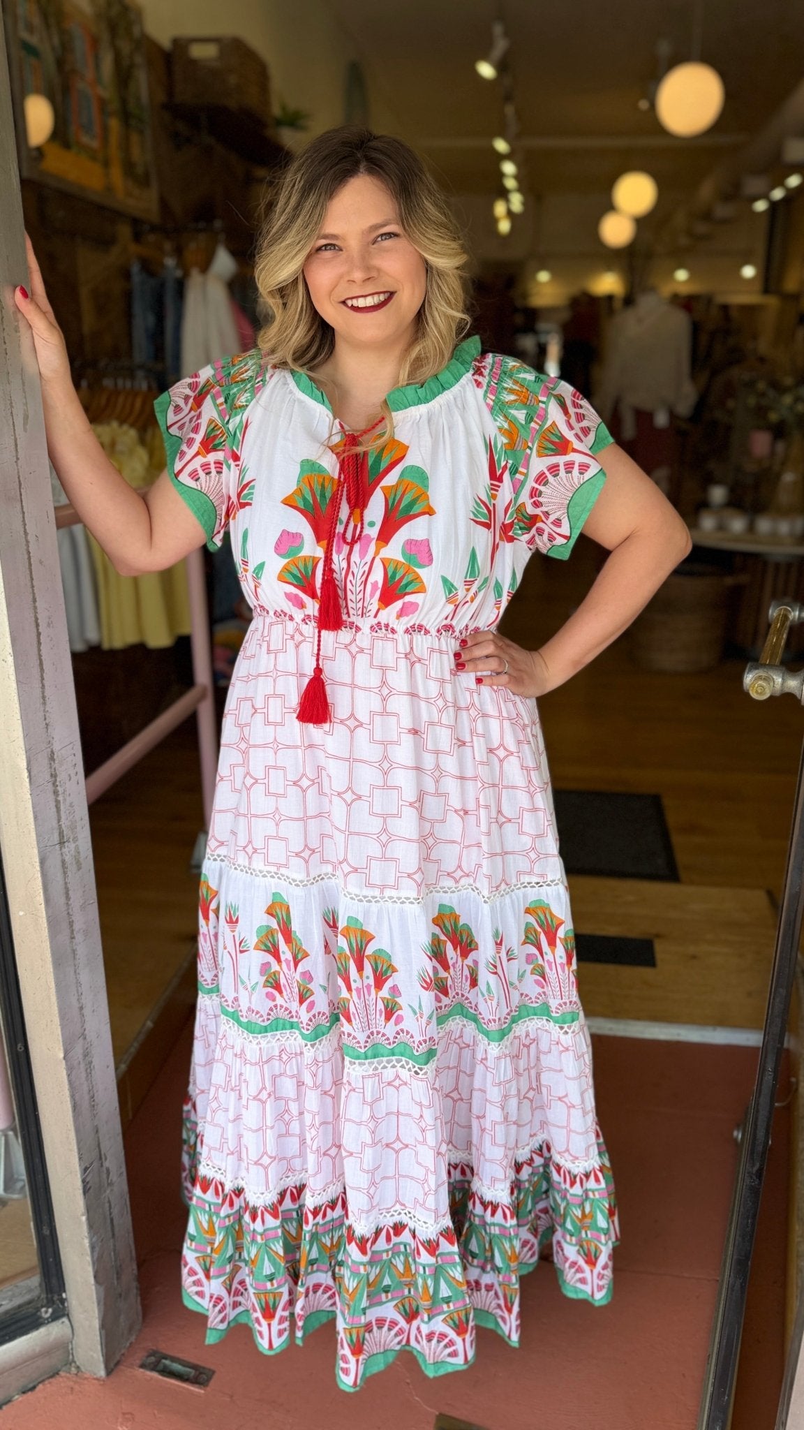 Isla Tropical Cotton Block Print Maxi Dress with Flutter Sleeves - Rebecca James Clothing