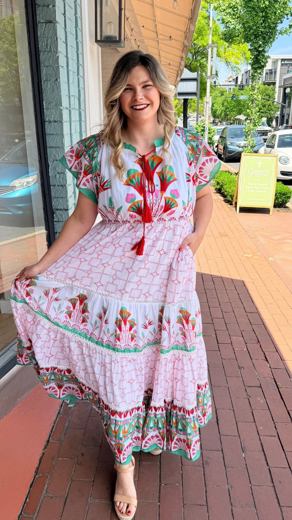 Isla Tropical Cotton Block Print Maxi Dress with Flutter Sleeves - Rebecca James Clothing