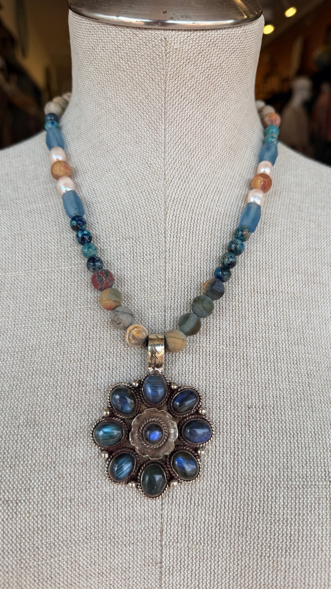 Jasper & Pearl Beaded Necklace w/ Labradorite Pendant by RJC - Rebecca James Clothing