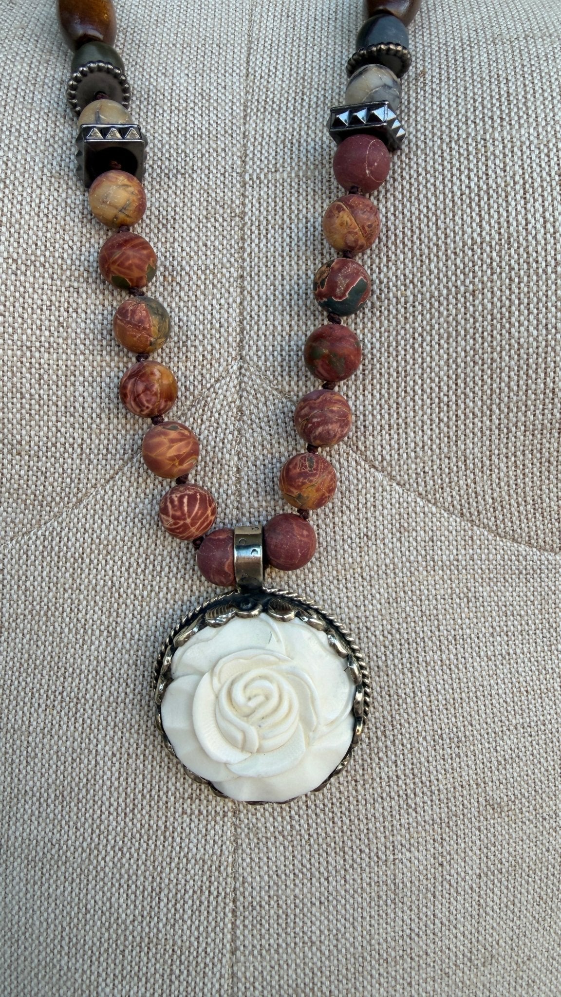 Jasper & Turquoise Necklace with Carved Rose Pendant by RJC - Rebecca James Clothing