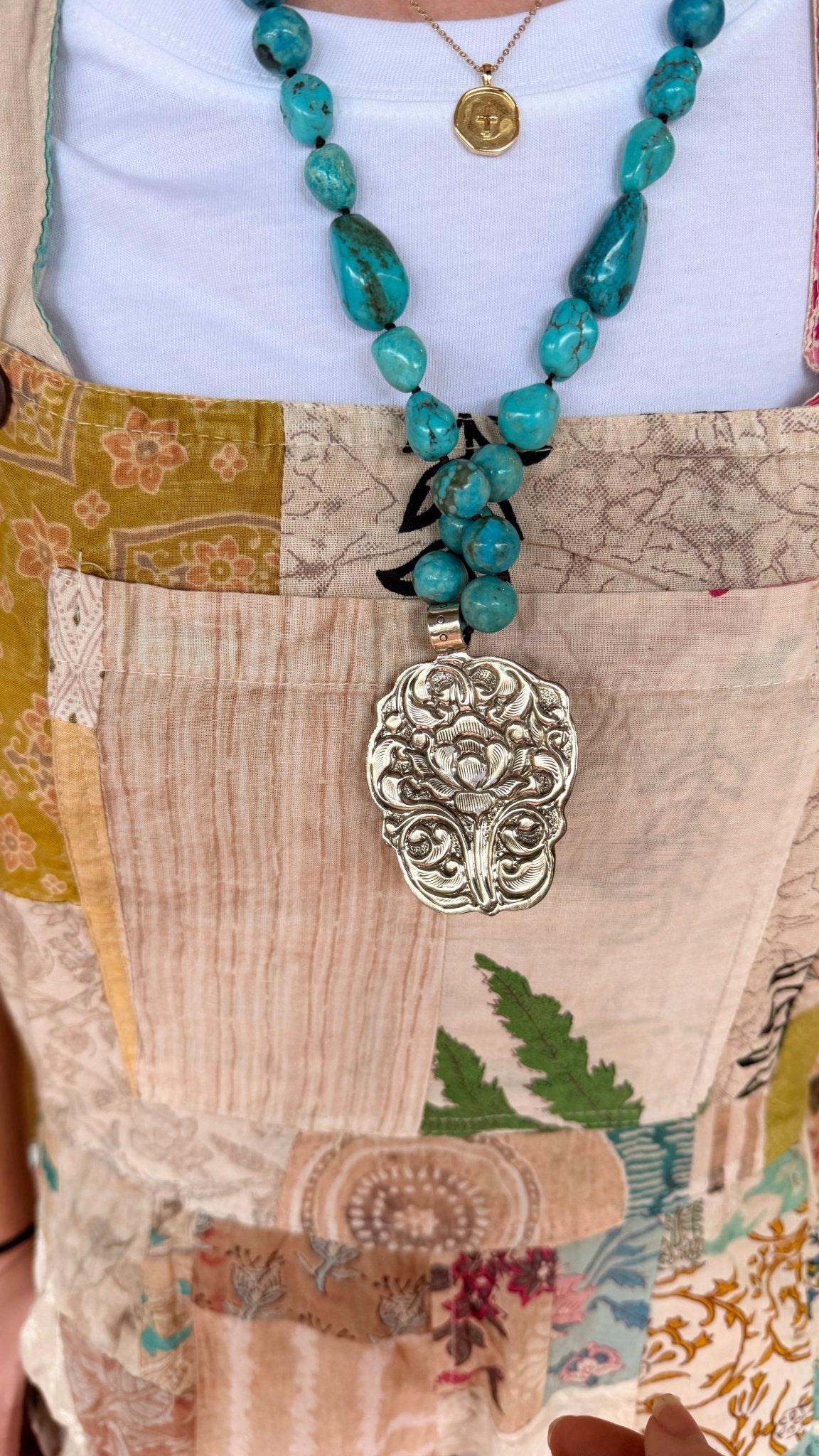 Large Chunky Turquoise in Tibetan Silver Pendant on Hand Beaded Necklace - Rebecca James Clothing