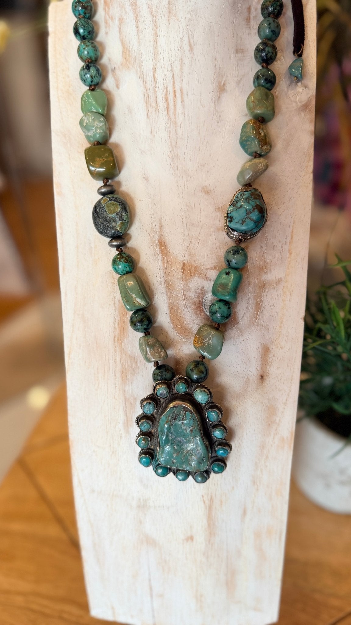 Large Chunky Turquoise in Tibetan Silver Pendant on Hand Beaded Necklace - Rebecca James Clothing