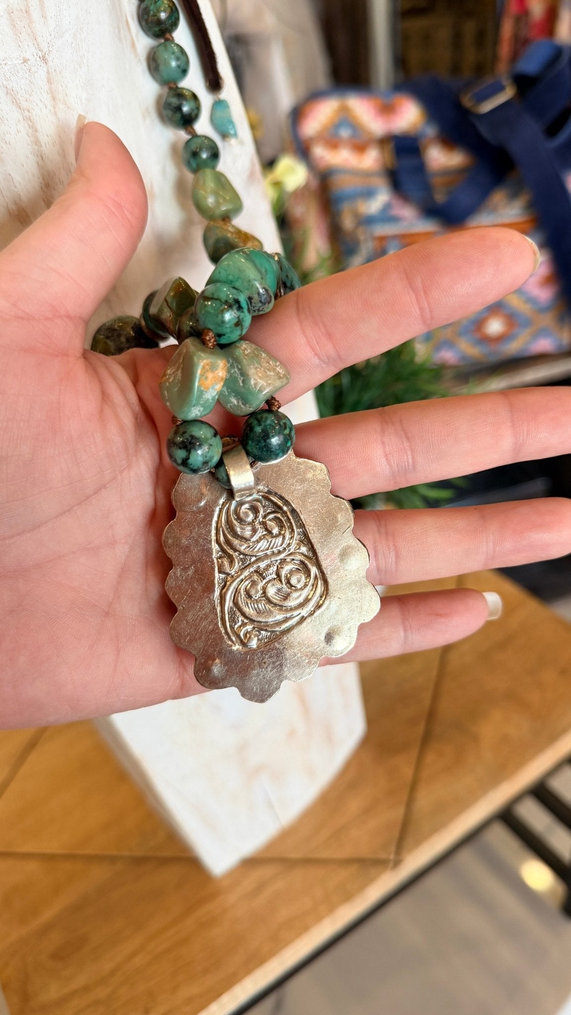 Large Chunky Turquoise in Tibetan Silver Pendant on Hand Beaded Necklace - Rebecca James Clothing