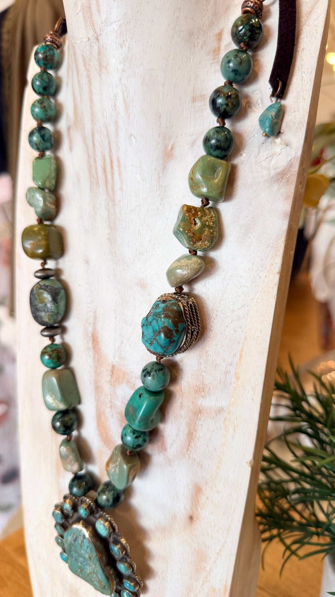 Large Chunky Turquoise in Tibetan Silver Pendant on Hand Beaded Necklace - Rebecca James Clothing